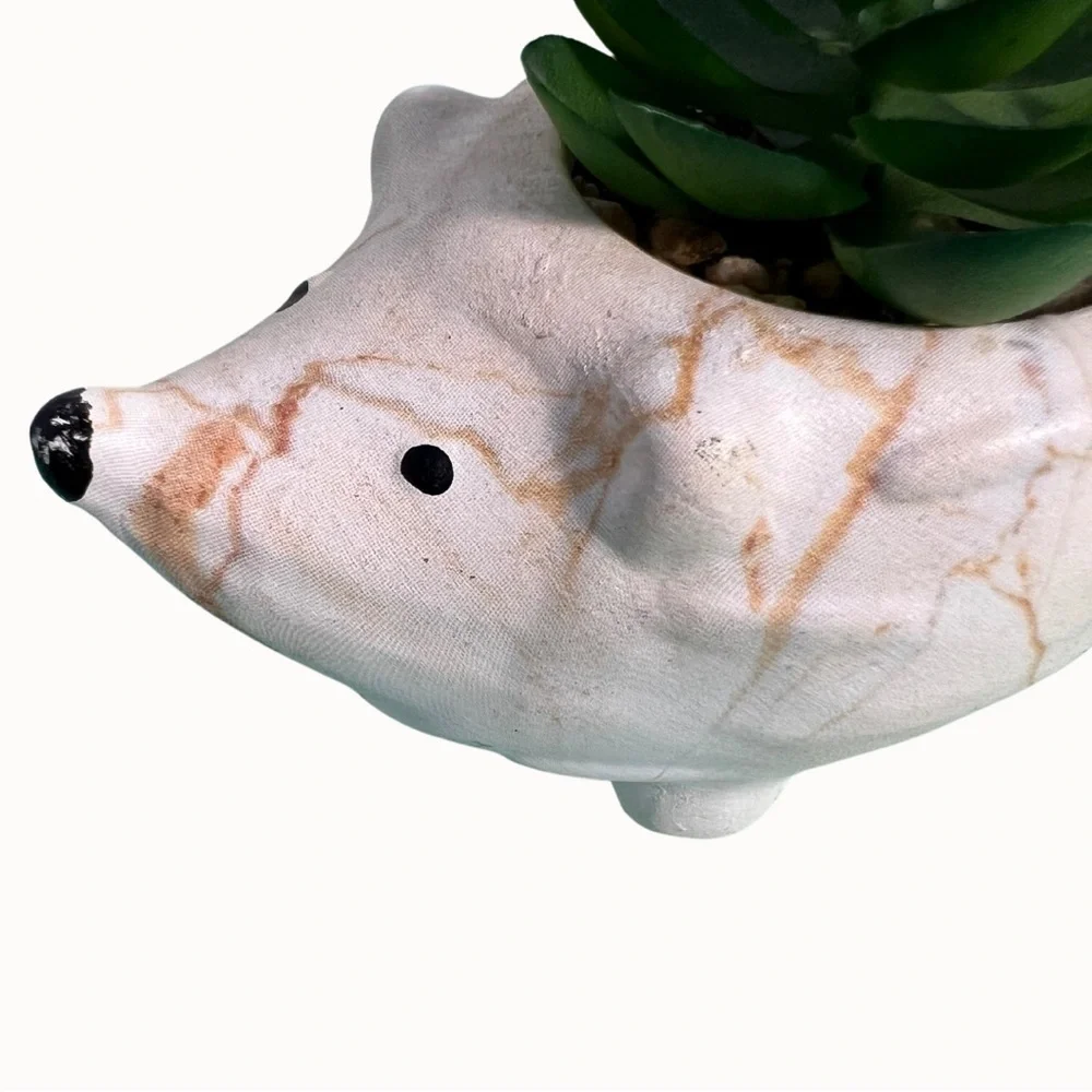 Set of Three Clay Hedgehogs with Faux Succulent